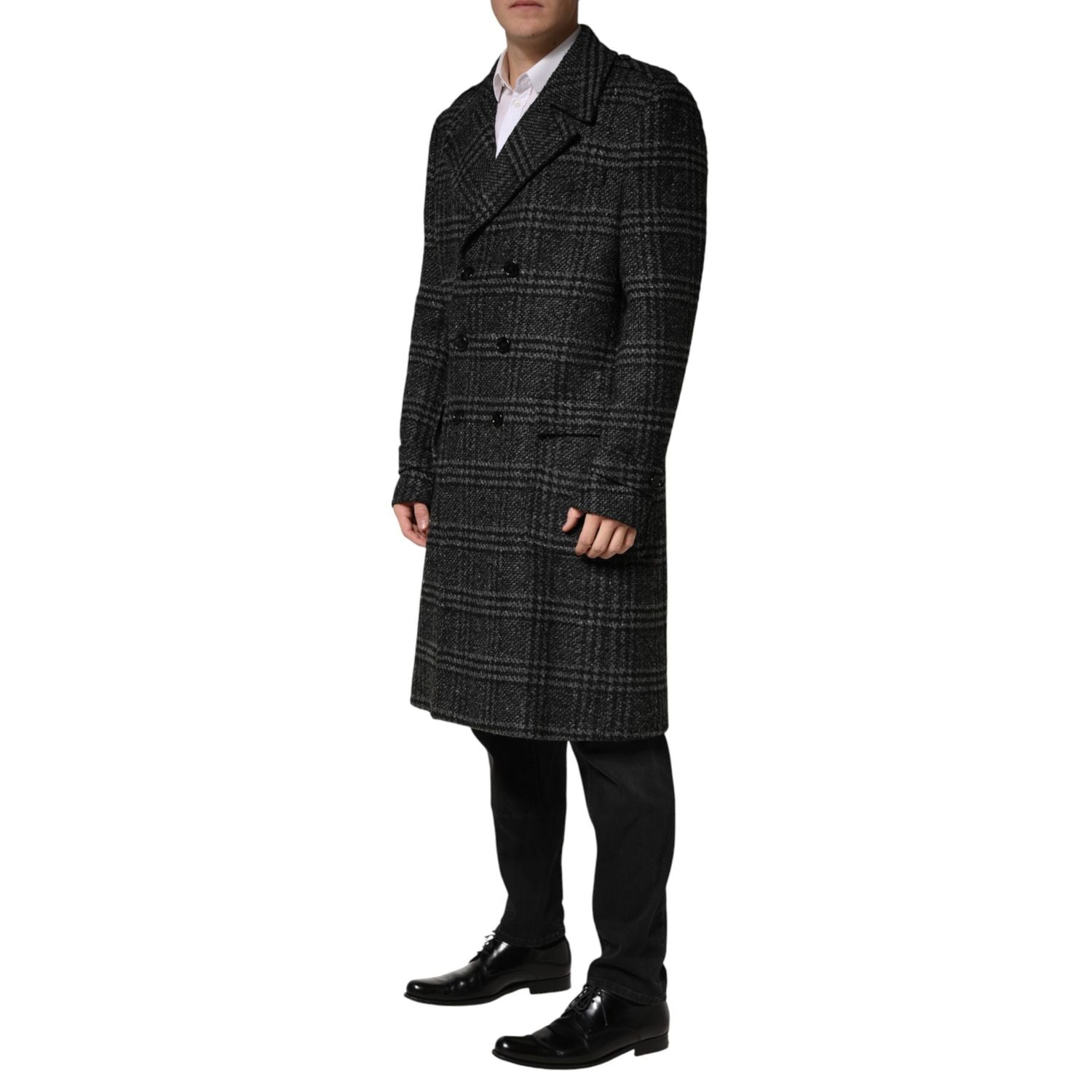 Dolce & Gabbana Grey Double Breasted Plaid Wool Coat Jacket