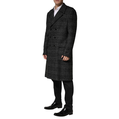 Dolce & Gabbana Grey Double Breasted Plaid Wool Coat Jacket