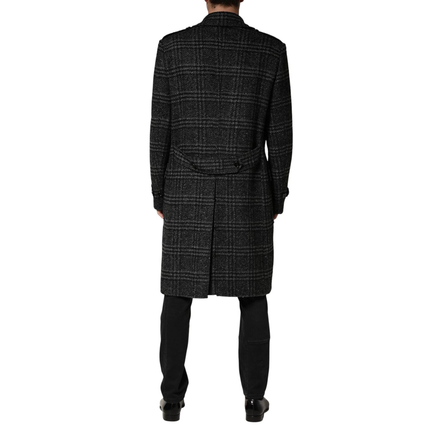 Dolce & Gabbana Grey Double Breasted Plaid Wool Coat Jacket