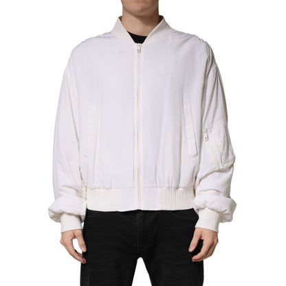 Dolce & Gabbana White Silk Full Zip Bomber Blouson Jacket