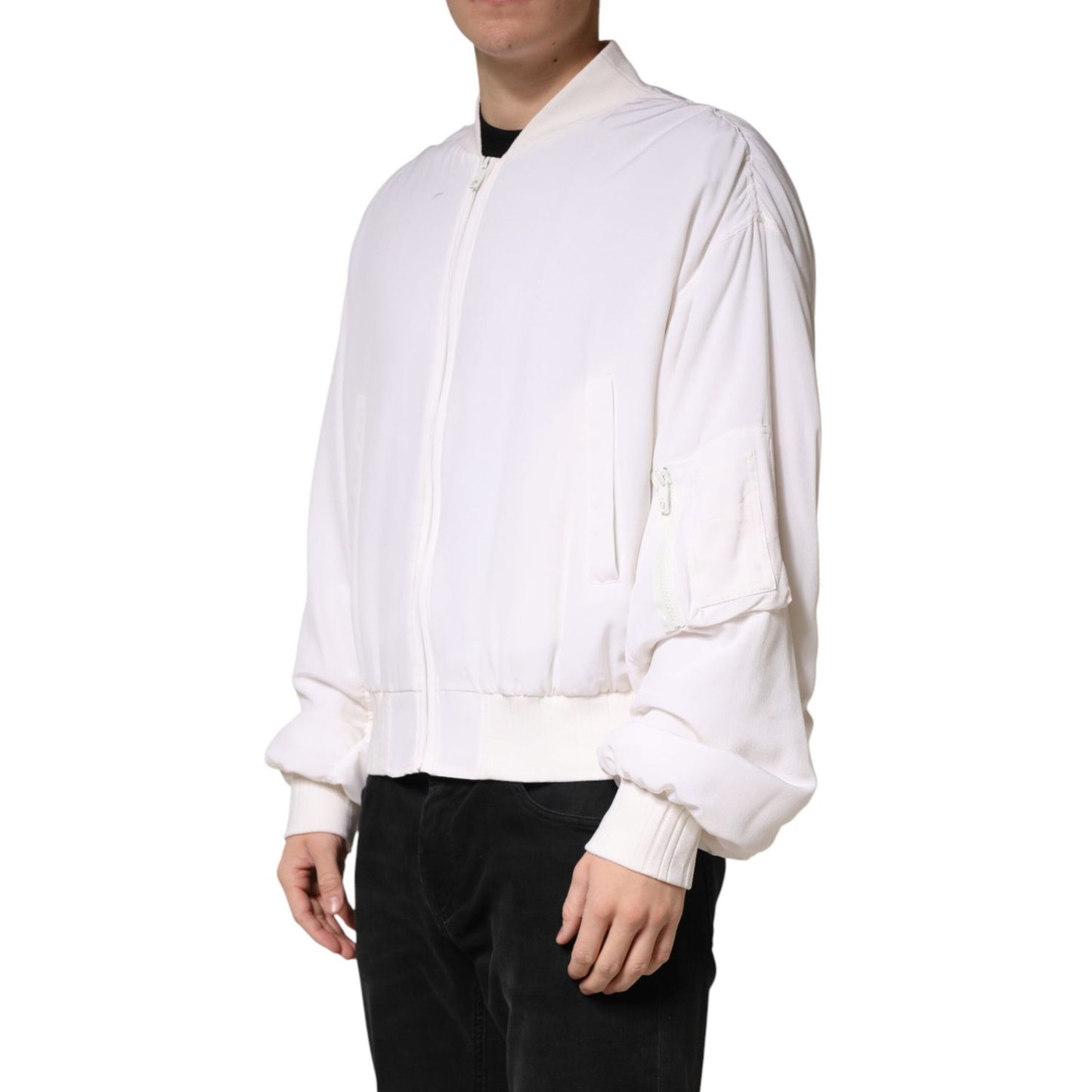 Dolce & Gabbana White Silk Full Zip Bomber Blouson Jacket