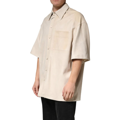 Dolce & Gabbana Beige Leather Button Down Men Casual Shirt
