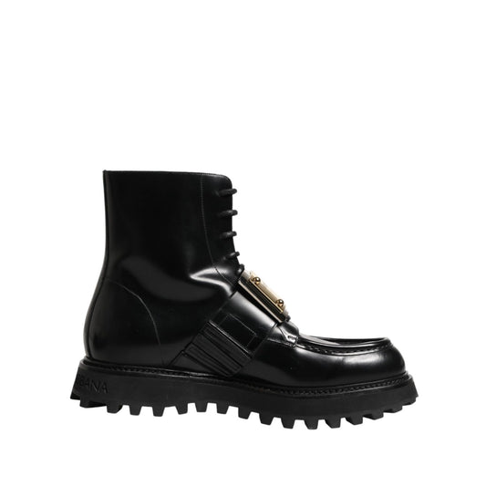 Dolce & Gabbana Black Leather DG Plaque Lace Up Boots Shoes
