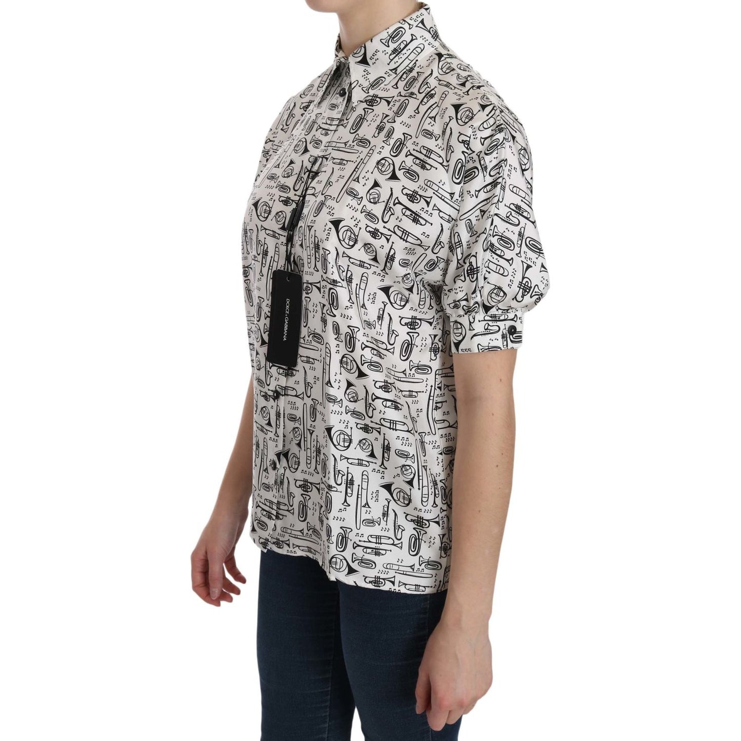 Dolce & Gabbana Musical Instrument Print Silk Collared Top Dolce & Gabbana