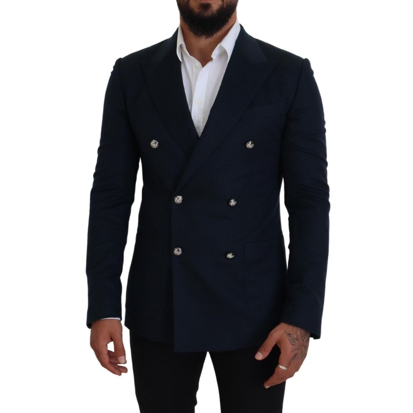 Dolce & Gabbana Blue Double Breasted Formal Coat Blazer