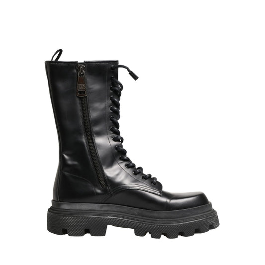 Dolce & Gabbana Black Leather Trek Sole Combat Boots Shoes