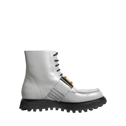 Dolce & Gabbana Gray Leather Logo Plaque Ankle Boots Shoes