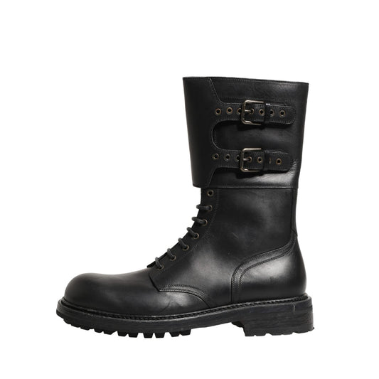 Dolce & Gabbana Black Leather Belted Buckle Combat Boots Shoes