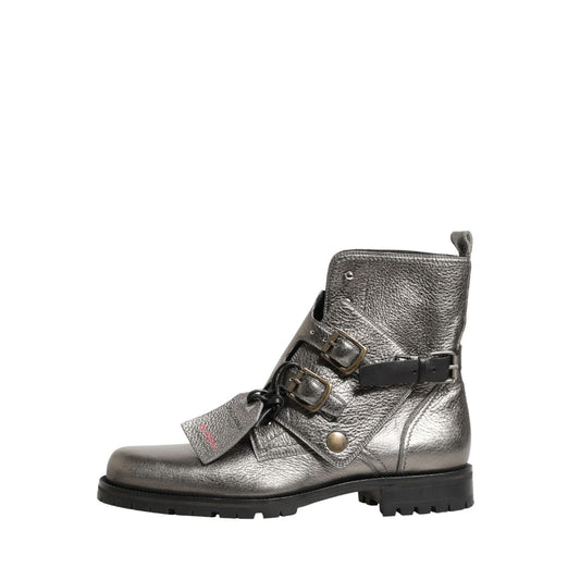 Dolce & Gabbana Metallic Silver Leather Buckle Ankle Boots Shoes