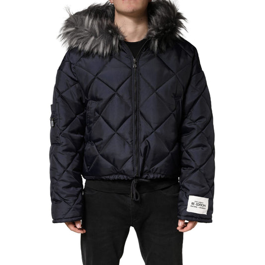 Dolce & Gabbana Black Quilted Fur Shearling Hooded Jacket