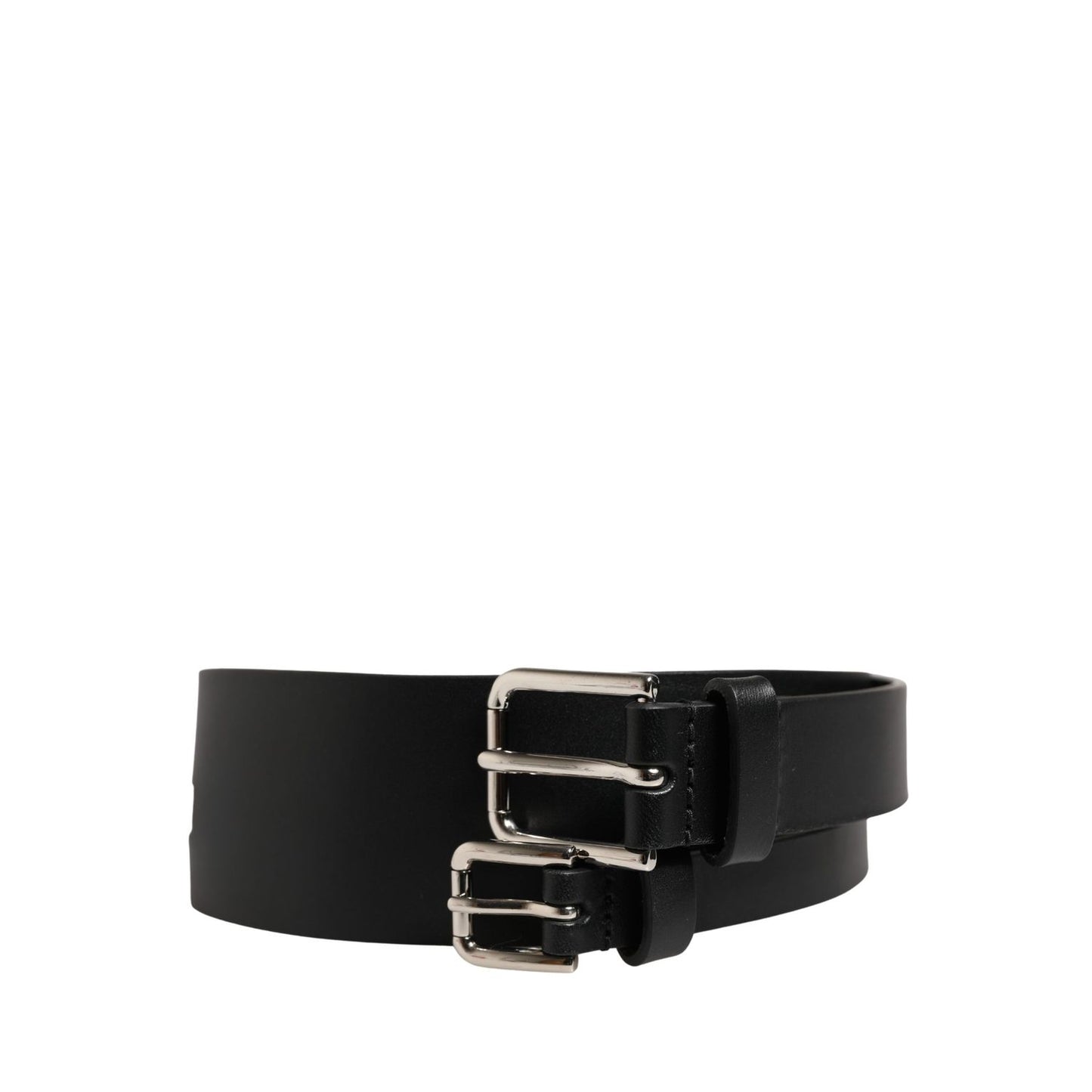 Dolce & Gabbana Black Double Strap Leather Silver Buckle Belt