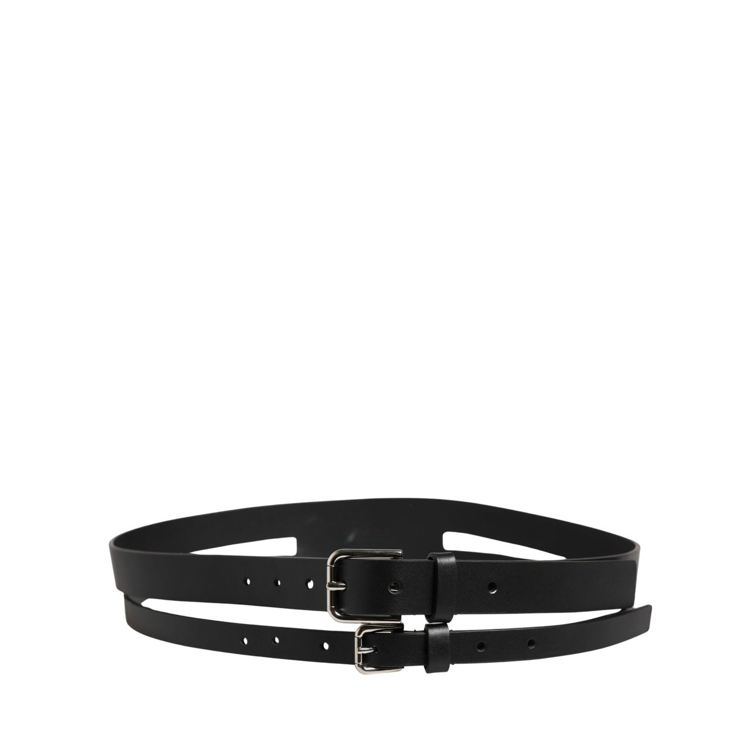 Dolce & Gabbana Black Double Strap Leather Silver Buckle Belt