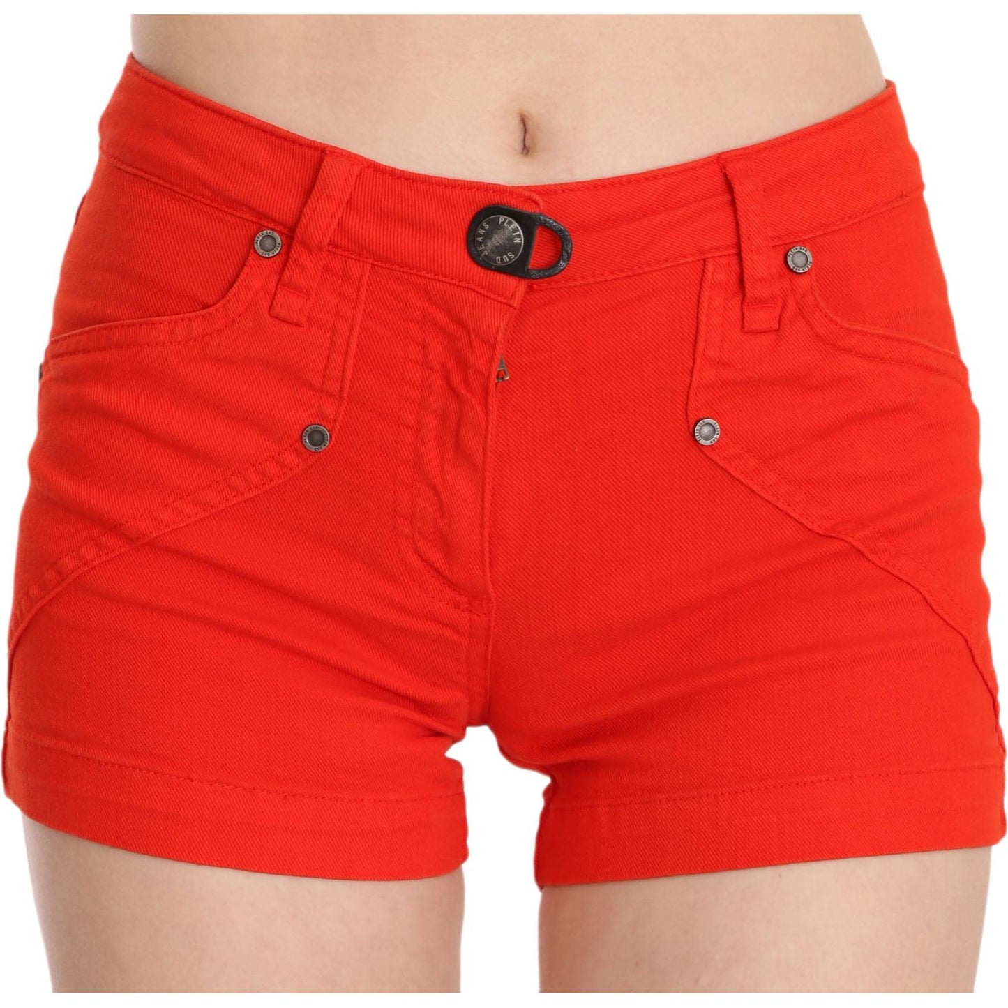 PLEIN SUD Orange Mid Waist Cotton Denim Mini 1728,67345645728,Clothing,IT36 | XS,Material: 98% Cotton 2% Elastane,New with tags,Orange,PLEIN SUD,Short and Mini - Shorts - Clothing,Shorts - Clothing,Shorts - Women - Clothing,Women,Women - Clothing