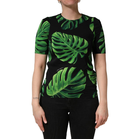 Dolce & Gabbana Black Philodendron Print Silk Blouse Top
