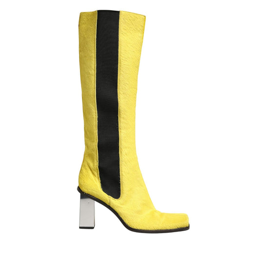 Dolce & Gabbana Yellow Black Leather Knee High Boots Shoes
