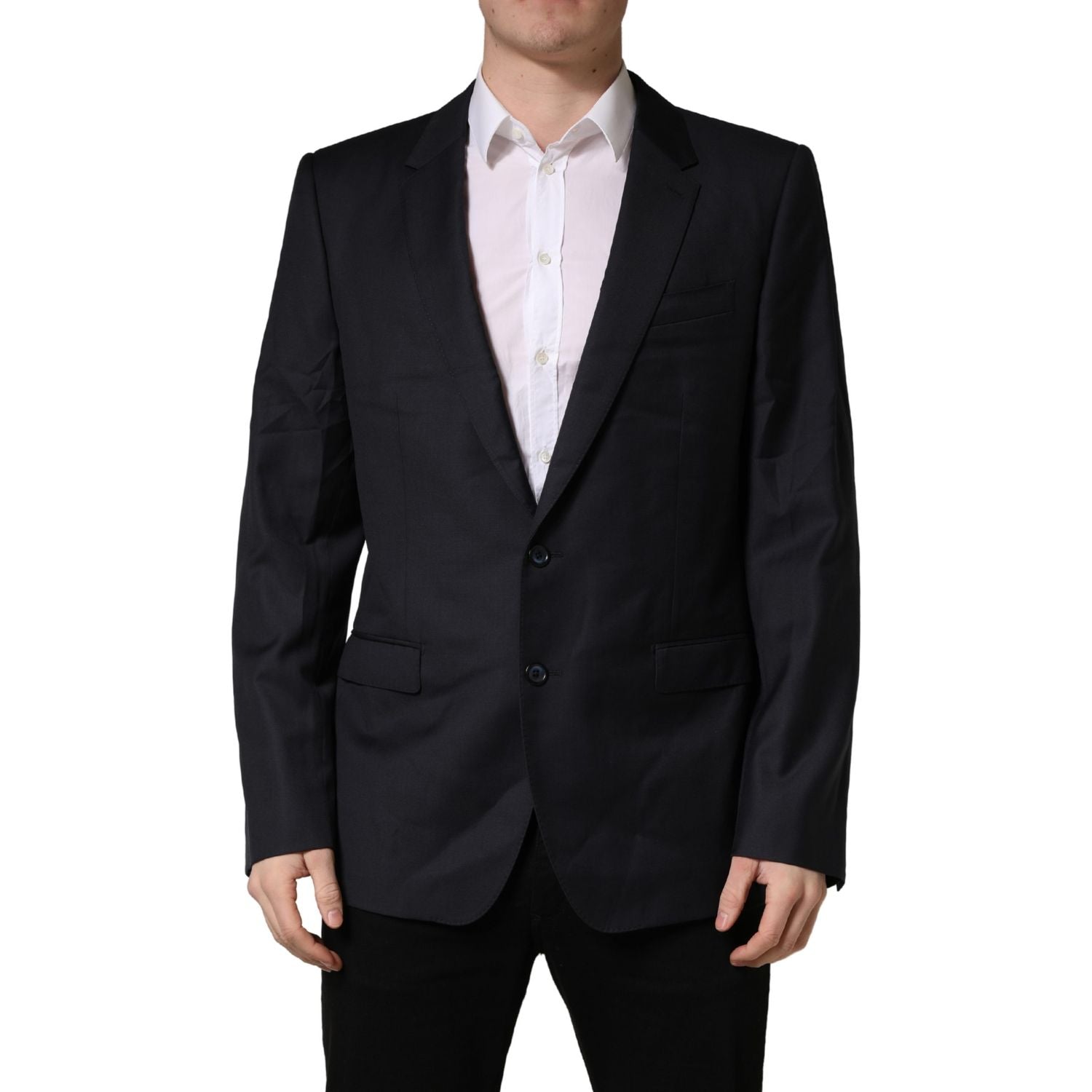 Dolce & Gabbana Dark Blue Wool Slim Fit Coat Men Jacket Blazer