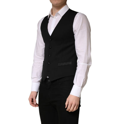 Dolce & Gabbana Black Wool Single Breasted Men Waistcoat Vest