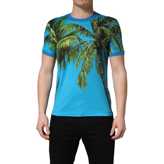 Dolce & Gabbana Blue Palm Tree Print Cotton CrewNeck T-shirt