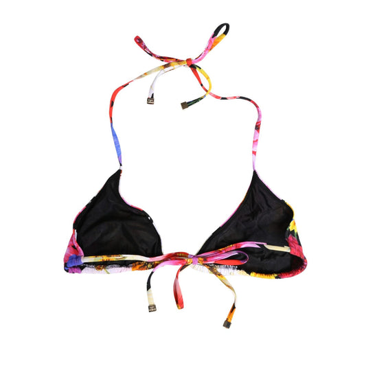 Dolce & Gabbana Black Floral Print Nylon Halter Bikini Top Swimwear