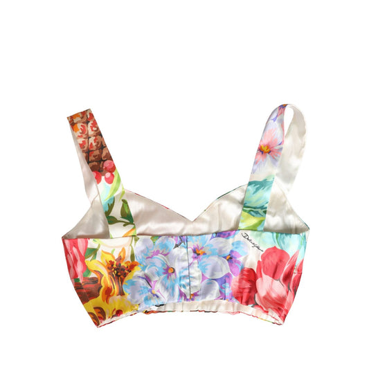 Dolce & Gabbana Multicolor Floral Print Silk Cropped Bustier Top