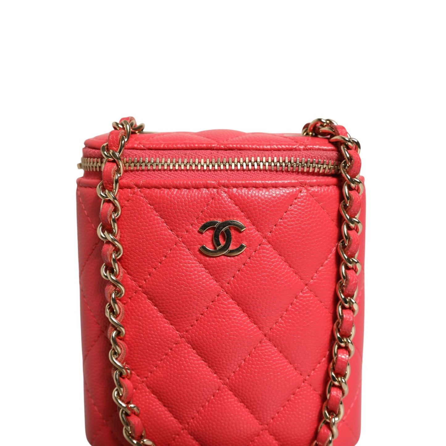 Chanel Red Caviar Quilted Small Vertical Coco Beauty Vanity Case with Chain