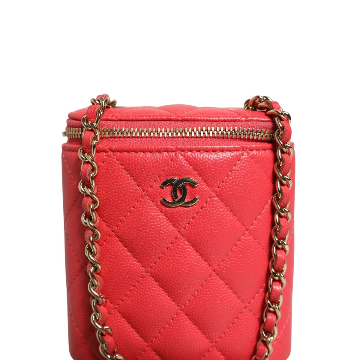 Chanel Red Caviar Quilted Small Vertical Coco Beauty Vanity Case with Chain