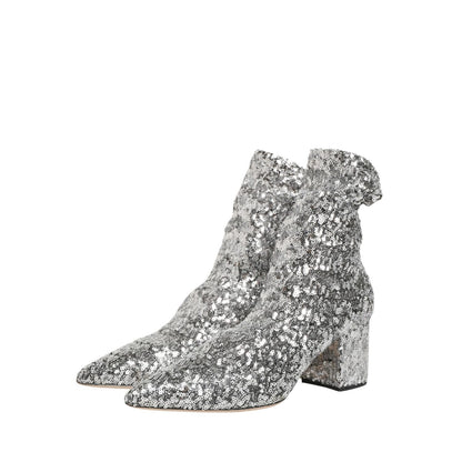 Dolce & Gabbana Silver Sequined Short Boots Stretch Shoes