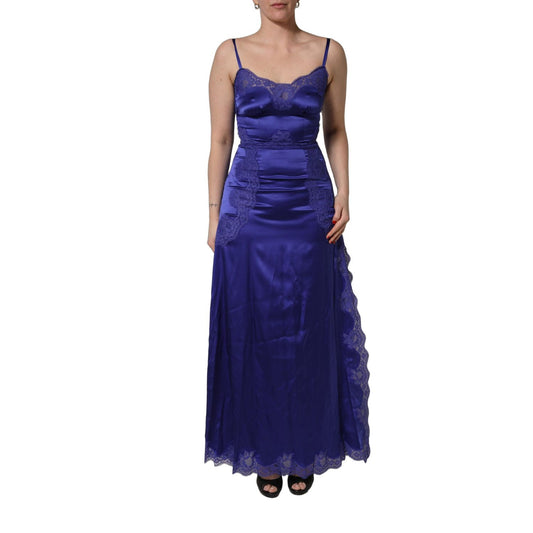 Dolce & Gabbana Blue Sleeveless Lace Trim A-line Gown Dress