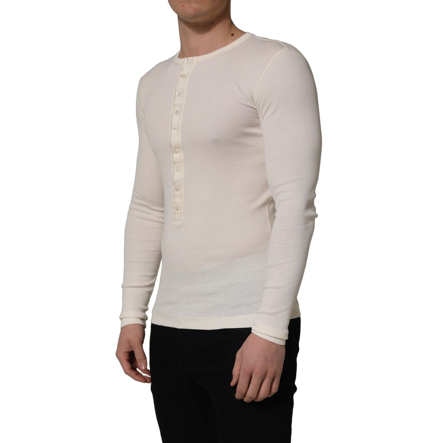 Dolce & Gabbana White Long Sleeves Henley Pullover Sweater
