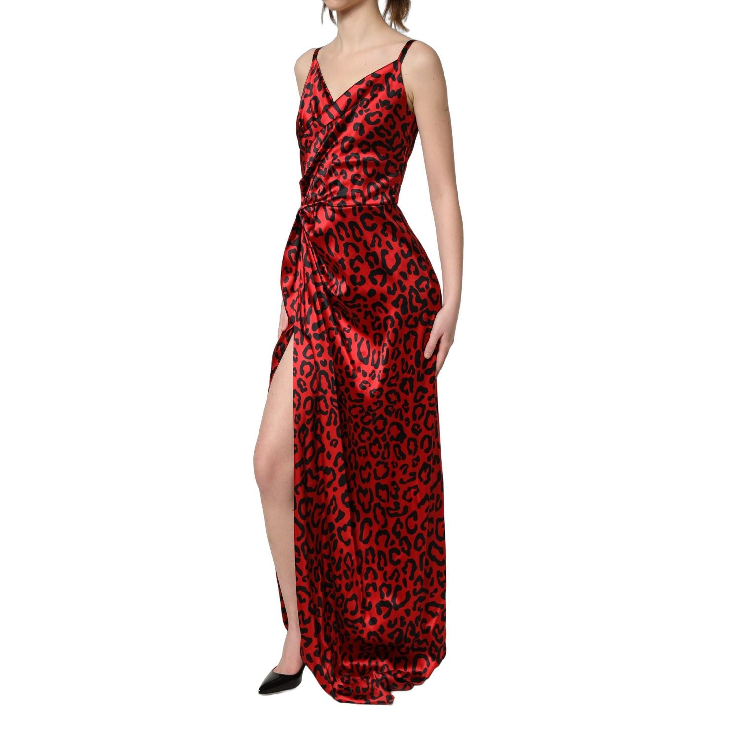 Dolce & Gabbana Red Leopard Draped Sleeveless Maxi Dress