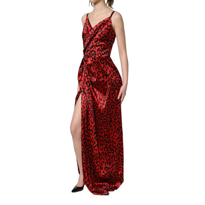 Dolce & Gabbana Red Leopard Draped Sleeveless Maxi Dress
