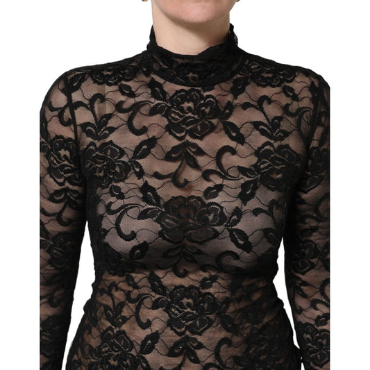 Dolce & Gabbana Black Floral Lace Turtle Neck Long Sleeve Top