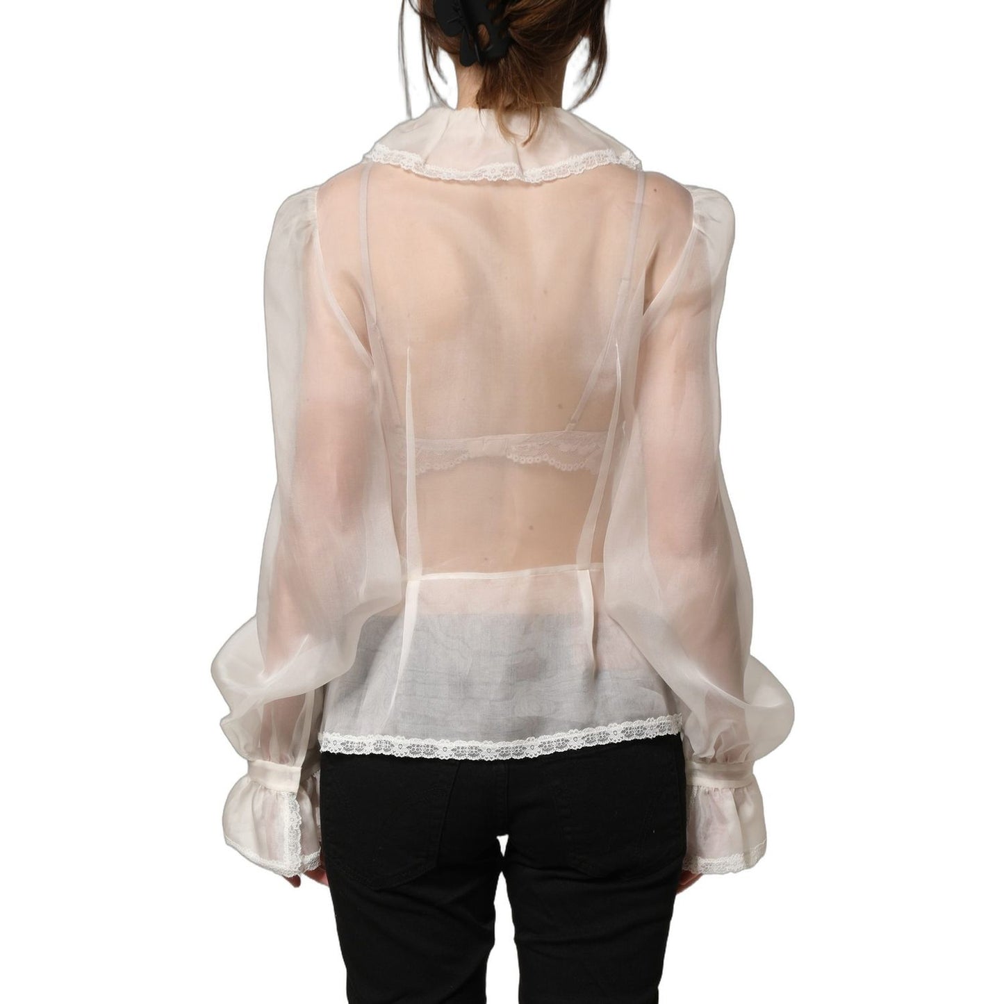 Dolce & Gabbana White Ruffled Sheer Silk Buttoned Blouse Top