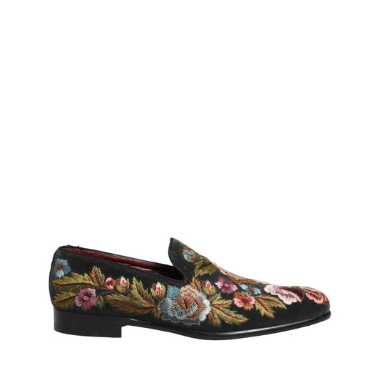 Dolce & Gabbana Black Velvet Floral Embroidery Loafers Shoes