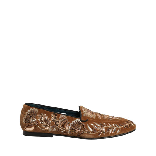 Dolce & Gabbana Brown Velvet Floral Embroidery Loafers Shoes
