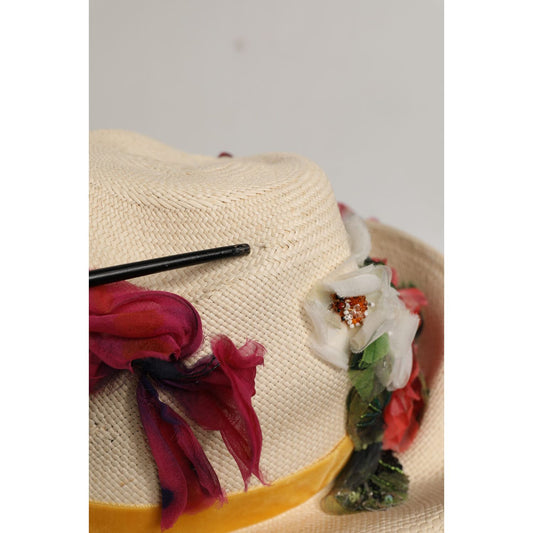 Dolce & Gabbana Women Beige Floral Apllique Straw Bucket Hat