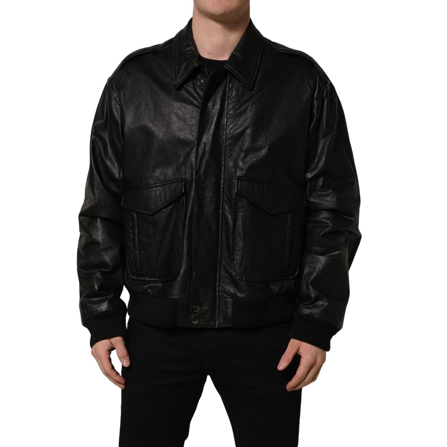 Dolce & Gabbana Black Leather Full Zip Men Biker Jacket