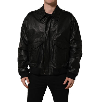 Dolce & Gabbana Black Leather Full Zip Men Biker Jacket