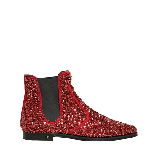 Dolce & Gabbana Red Embellished Chelsea Ankle Boots Shoes