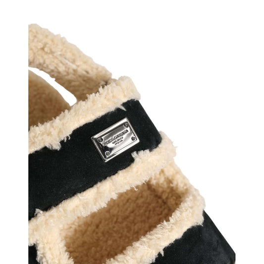 Dolce & Gabbana Beige Black Faux Fur Flats Men Sandals Shoes