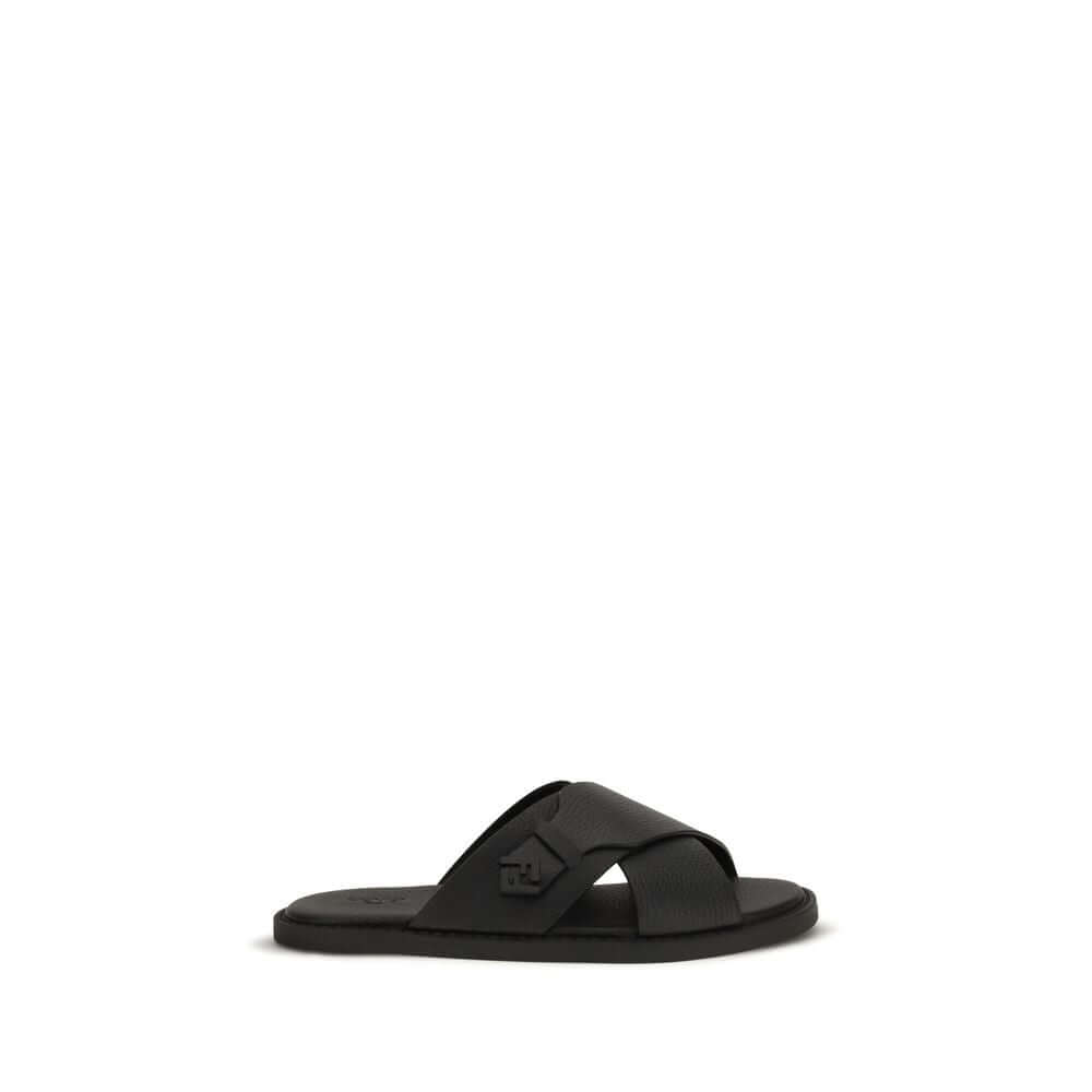 Fendi Black Calf Leather Bos Taurus Flat Sandals