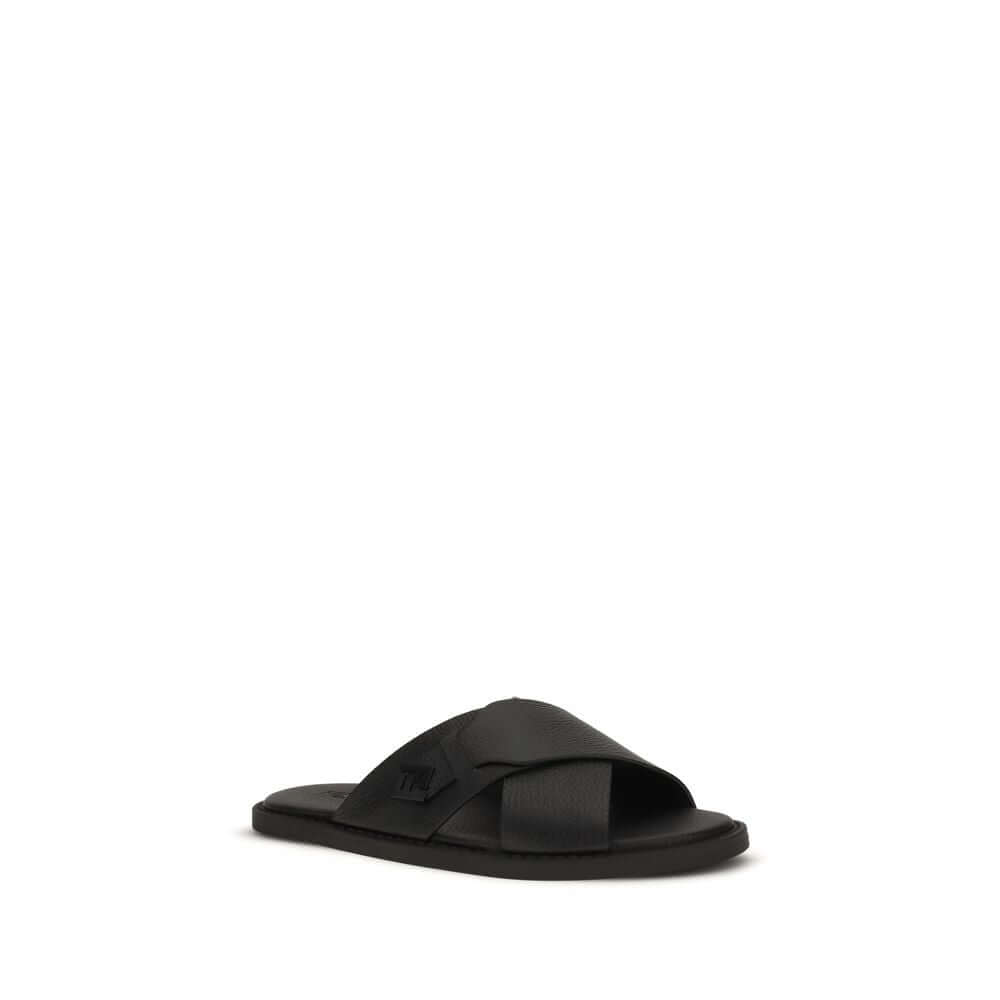 Fendi Black Calf Leather Bos Taurus Flat Sandals