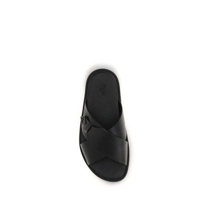 Fendi Black Calf Leather Bos Taurus Flat Sandals