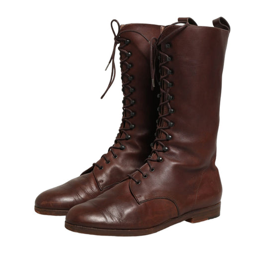 Dolce & Gabbana Brown Leather Lace Up Mid Calf Boots Shoes