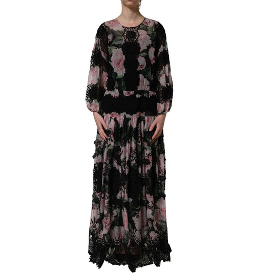 Dolce & Gabbana Black Floral Print Cotton Lace Maxi Dress