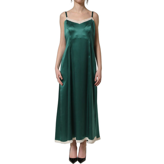 Dolce & Gabbana Green Satin Lace Trim Sleeveless Maxi Dress