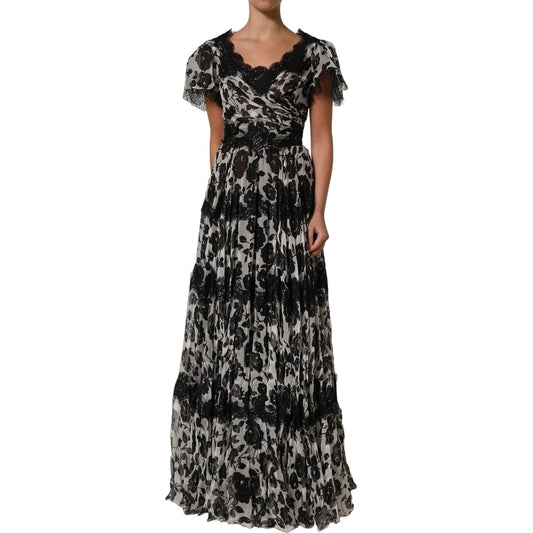 Dolce & Gabbana Black Silk Floral Lace Ricamo Ball Maxi Dress