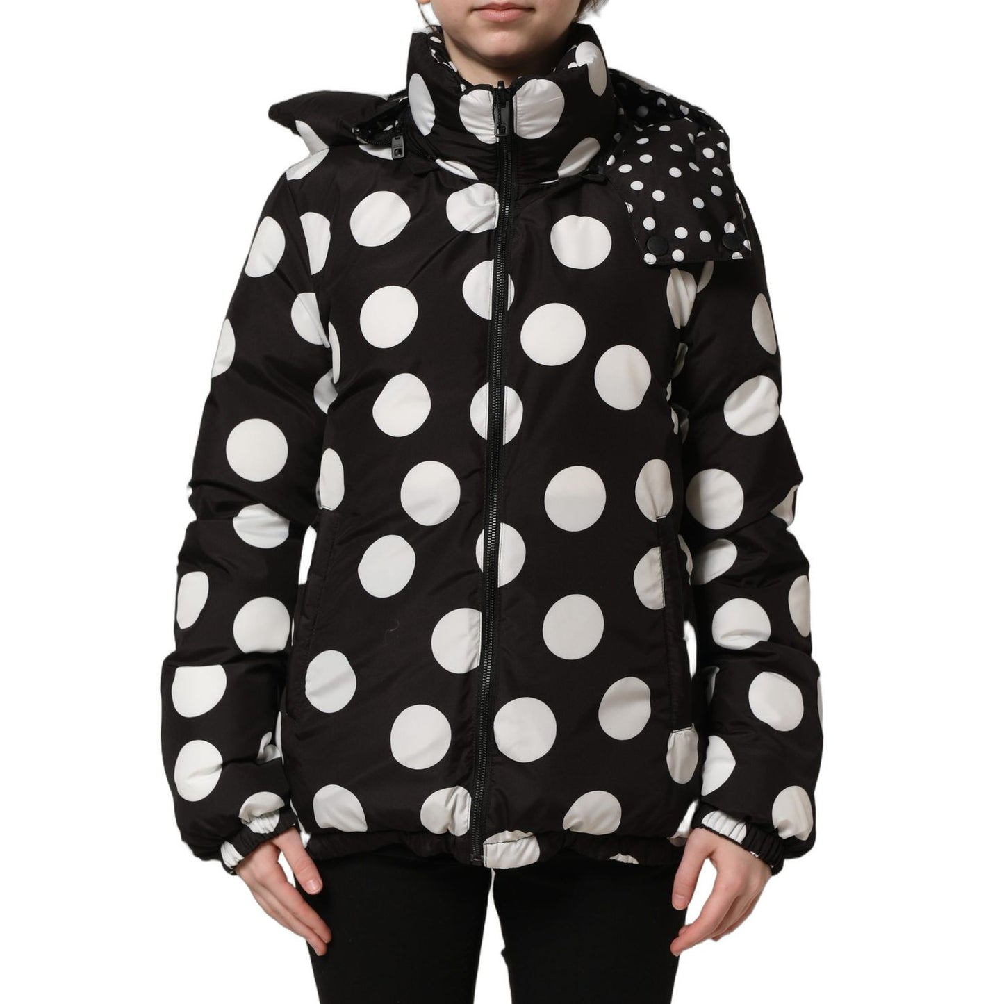 Dolce & Gabbana Black White Polka Dot Hooded Blouson Jacket