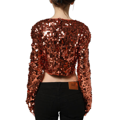 Dolce & Gabbana Red Sequined Long Sleeves Crop Blouse Top