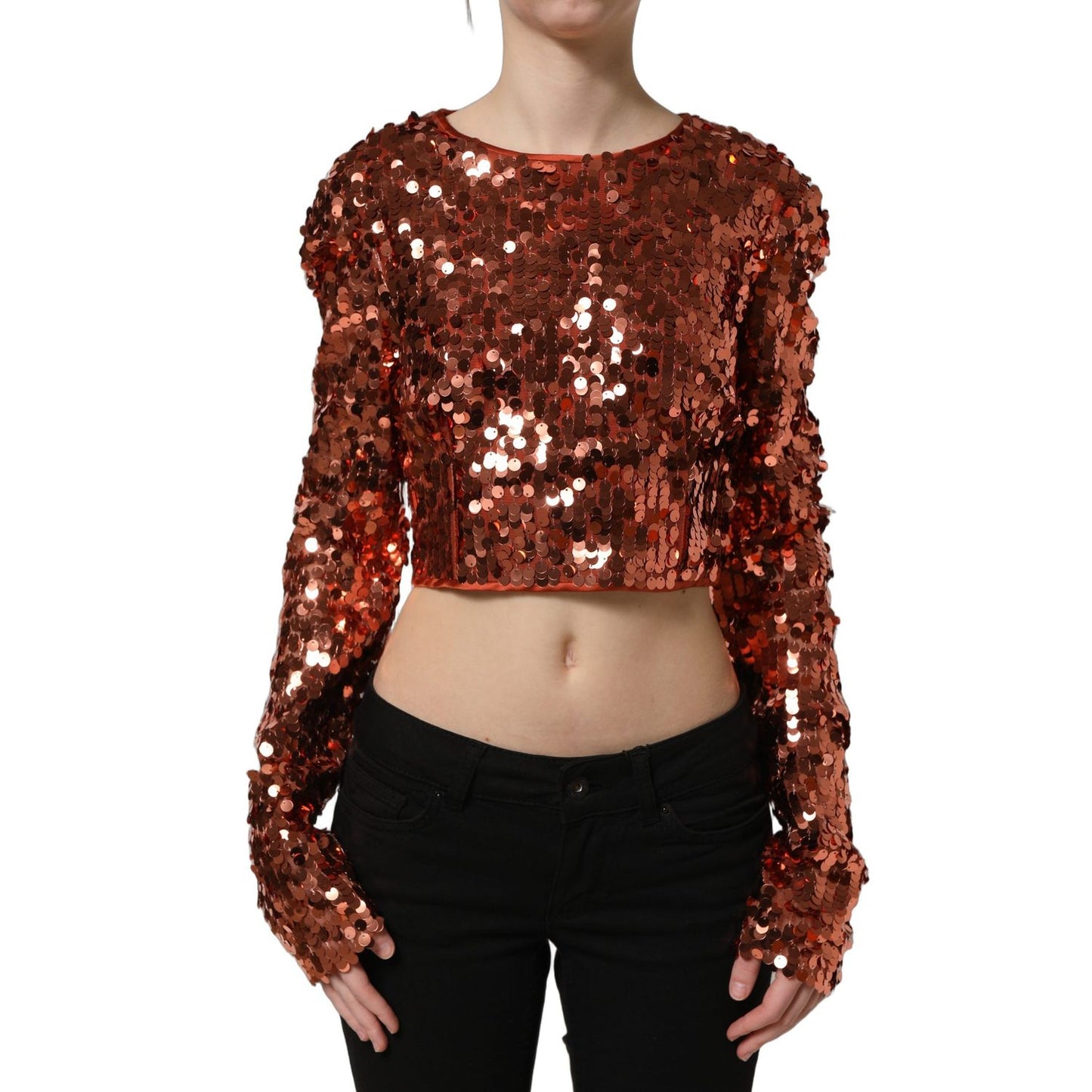 Dolce & Gabbana Red Sequined Long Sleeves Crop Blouse Top